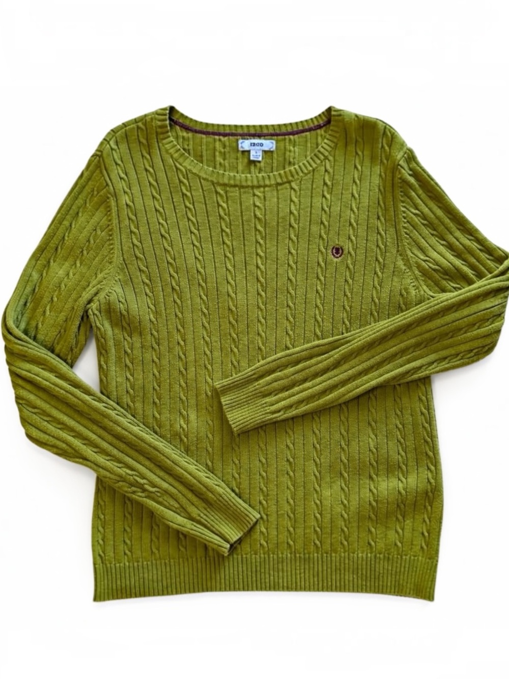 Vintage Y2K IZOD Moss Green Cable Knit Cotton Sweater L Preppy